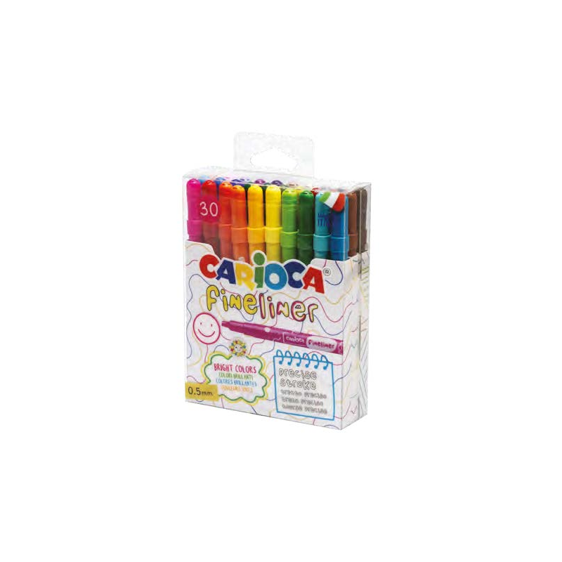 Lot de 30 feutres Carioca Fineliner - Pointe acétal blanche 0,5 mm - Couleurs assorties