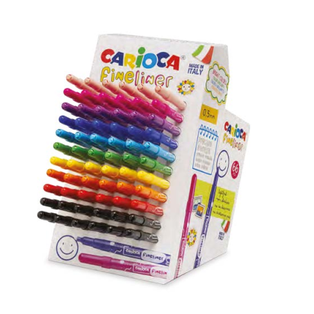 Carioca Fineliner Expositor con 66 Rotuladores - Punta Blanca de Acetal 0.5mm - Colores Surtidos
