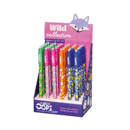 Carioca Wild Collection Oops Expositor con 30 Boligrafos Borrables - Punta 0.7mm - Divertidos Diseños de Animales
