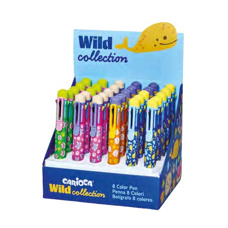 Carioca Wild Collection Expositor con 30 Boligrafos de 8 Colores - Punta 1mm - Divertidos Diseños de Animales - Clip de Sujeccio