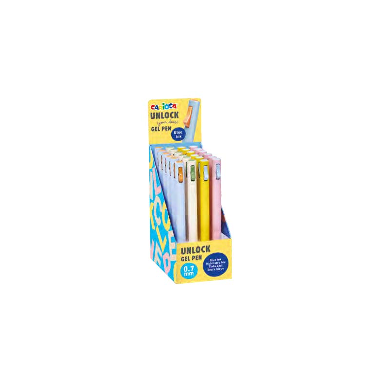 Carioca Unlock Gel Expositor con 24 Boligrafos de Tinta Gel Retractiles - Punta 0.7mm - Mecanismo de Clic Patentado - Tinta Colo