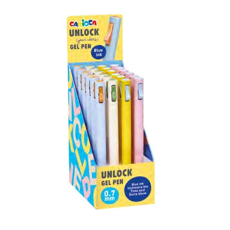 Carioca Unlock Gel Expositor con 24 Boligrafos de Tinta Gel Retractiles - Punta 0.7mm - Mecanismo de Clic Patentado - Tinta Colo