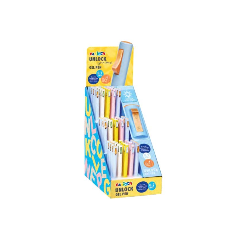 Carioca Unlock Gel Expositor con 60 Boligrafos de Tinta Gel Retractiles - Punta 0.7mm - Mecanismo de Clic Patentado - Tinta Colo