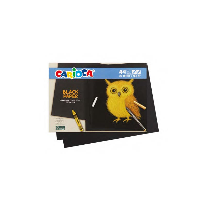 Carioca Black Pack con 20 Hojas A4 de Color Negro - Papel de 150gr - Recomendado para Tizas, Ceras, Rotuladores Brillantes etc..