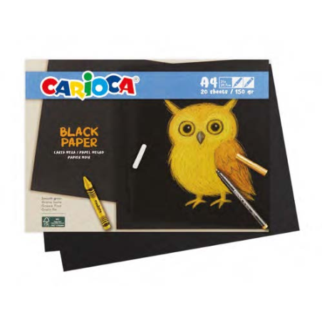 Carioca Black Pack con 20 Hojas A4 de Color Negro - Papel de 150gr - Recomendado para Tizas, Ceras, Rotuladores Brillantes etc..