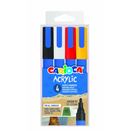Lot de 4 marqueurs peinture acrylique Carioca - Pointe ronde moyenne 1,8-2,5 mm - Encre à base d'eau - Haute couverture - Couleu