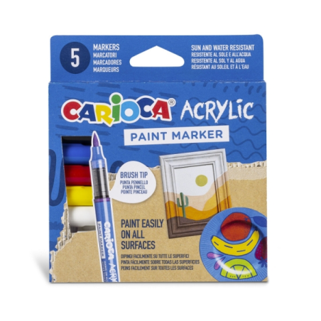 Lot de 5 marqueurs acryliques Carioca - Pointe pinceau - Encre à base d'eau - Haute couverture - Couleurs assorties