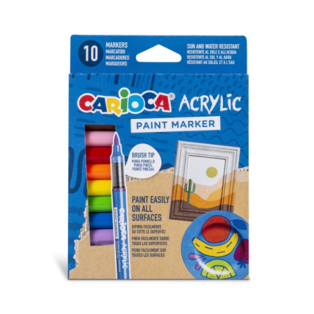 Lot de 10 marqueurs acryliques Carioca - Pointe pinceau - Encre à base d'eau - Haute couverture - Couleurs assorties