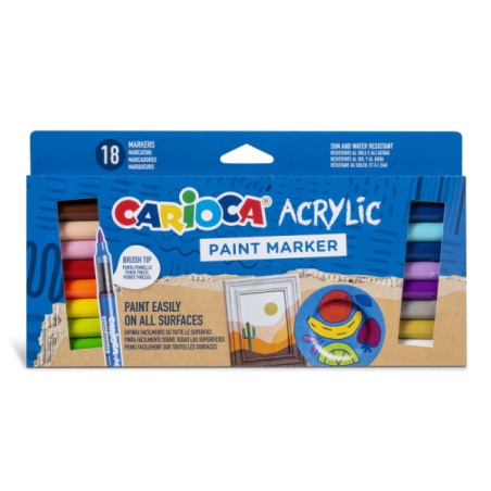 Lot de 18 marqueurs acryliques Carioca - Pointe pinceau - Encre à base d'eau - Haute couverture - Couleurs assorties