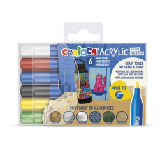 Carioca Acrylic Pack de 6 Marcadores de Pintura Acrilica - Punta Maxi - Tinta a Base de Agua - Alta Cobertura - Colores Surtidos
