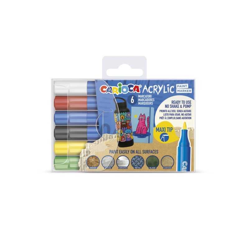 Carioca Acrylic Pack de 6 Marcadores de Pintura Acrilica - Punta Maxi - Tinta a Base de Agua - Alta Cobertura - Colores Surtidos
