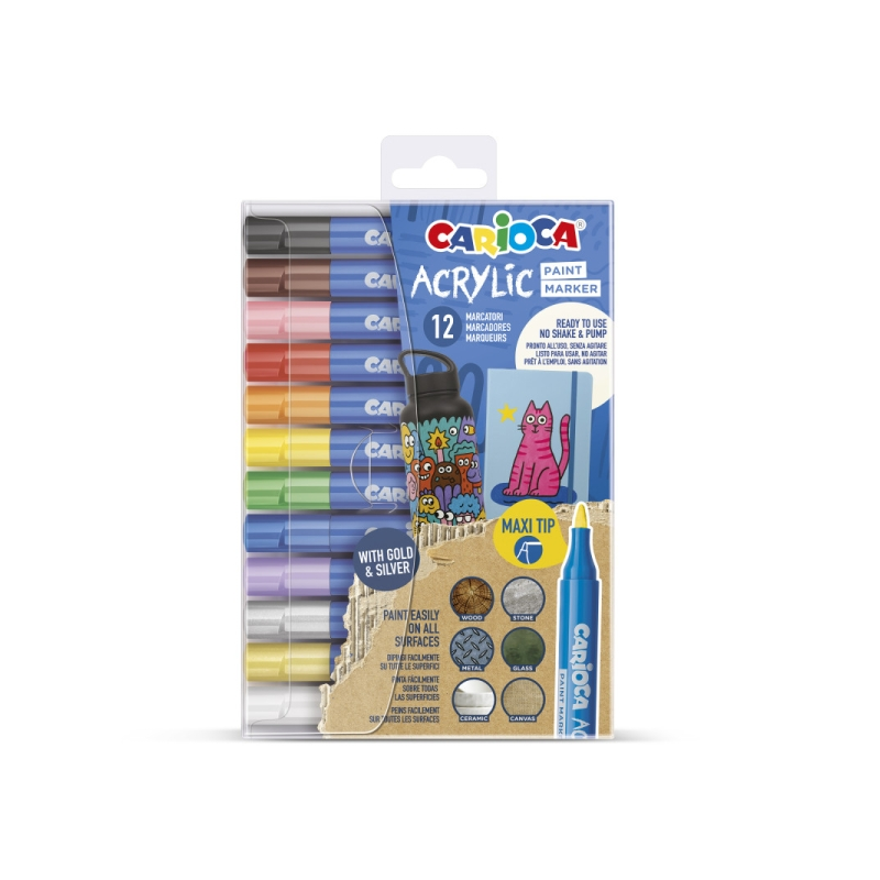 Carioca Acrylic Pack de 12 Marcadores de Pintura Acrilica - Punta Maxi - Tinta a Base de Agua - Alta Cobertura - Colores Surtido