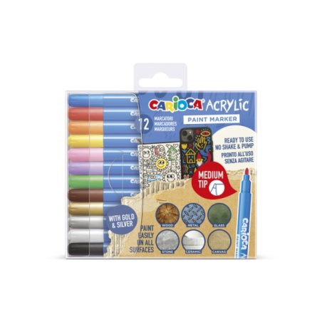 Carioca Acrylic Pack de 12 Marcadores de Pintura Acrilica - Punta Media - Tinta a Base de Agua - Alta Cobertura - Colores Surtid