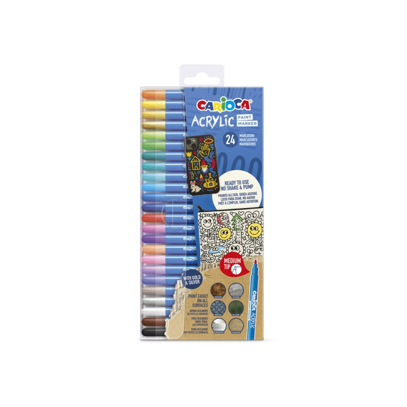 Carioca Acrylic Pack de 24 Marcadores de Pintura Acrilica - Punta Media - Tinta a Base de Agua - Alta Cobertura - Colores Surtid
