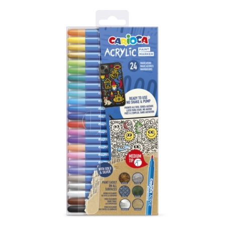 Carioca Acrylic Pack de 24 Marcadores de Pintura Acrilica - Punta Media - Tinta a Base de Agua - Alta Cobertura - Colores Surtid