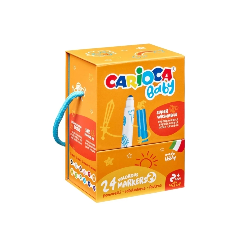 Boîte rigide Carioca Baby avec 24 feutres - Pointe ronde et verrouillée pour une sécurité maximale - Super lavable - Testé derma