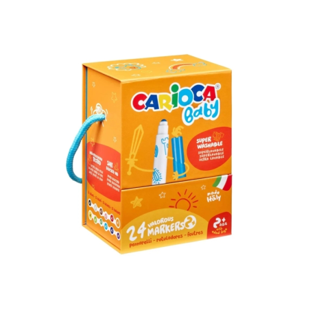 Boîte rigide Carioca Baby avec 24 feutres - Pointe ronde et verrouillée pour une sécurité maximale - Super lavable - Testé derma