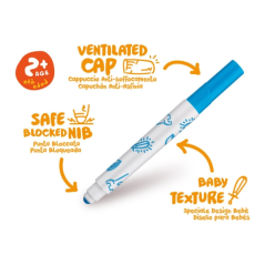 Boîte rigide Carioca Baby avec 24 feutres - Pointe ronde et verrouillée pour une sécurité maximale - Super lavable - Testé derma