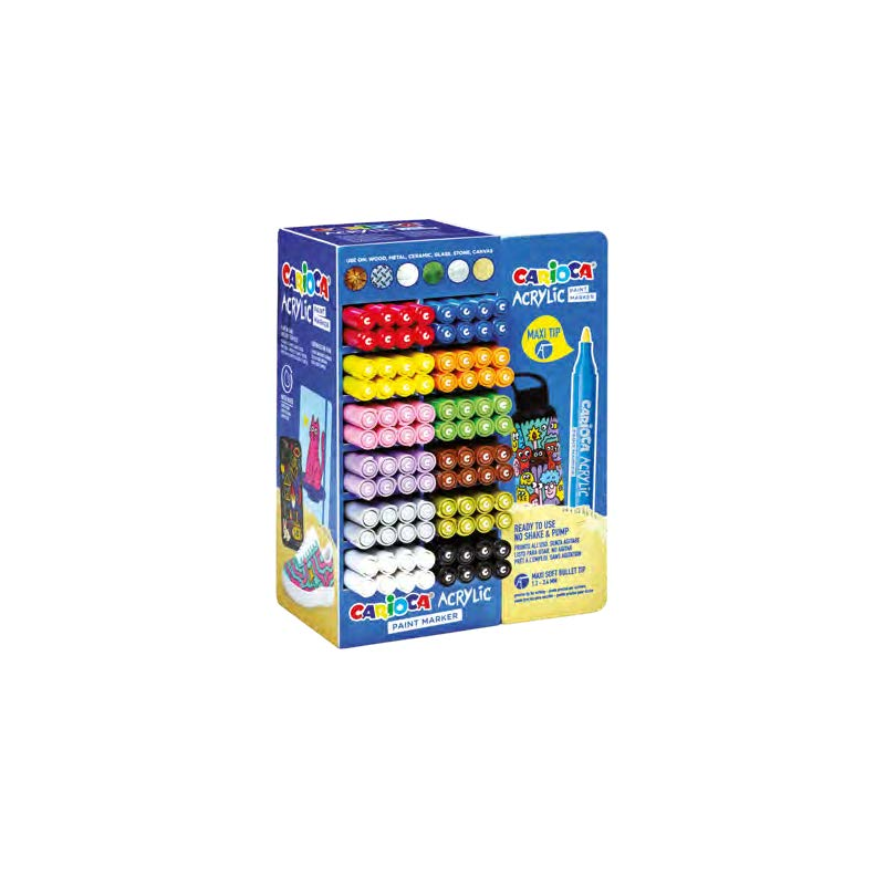 Carioca Acrylic Expositor con 96 Marcadores de Pintura Acrilica - Punta Maxi - Tinta a Base de Agua - Alta Cobertura - Colores S
