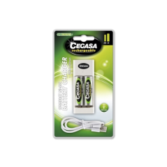 Pack rechargeable Cegasa avec chargeur compact et câble USB + 2 piles rechargeables AA HR6 2000 mAh - Chargeur compatible avec l