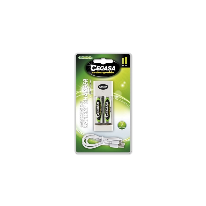 Pack rechargeable Cegasa avec chargeur compact et câble USB + 2 piles rechargeables AA HR6 2000 mAh - Chargeur compatible avec l