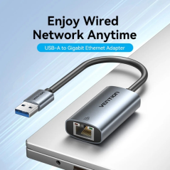 Convertisseur USB vers Ethernet Vention - Câble de 15 cm - Vitesse jusqu'à 1 Gbit/s - Boîtier en aluminium et ABS - Gris