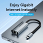 Convertisseur USB-C vers Ethernet Vention - Câble de 15 cm - Vitesse jusqu'à 1 Gbit/s - Boîtier en aluminium et ABS - Gris