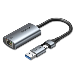 Convertisseur USB-C vers Ethernet Vention - Adaptateur USB-A - Câble de 15 cm - Vitesse jusqu'à 1 Gbit/s - Boîtier en aluminium