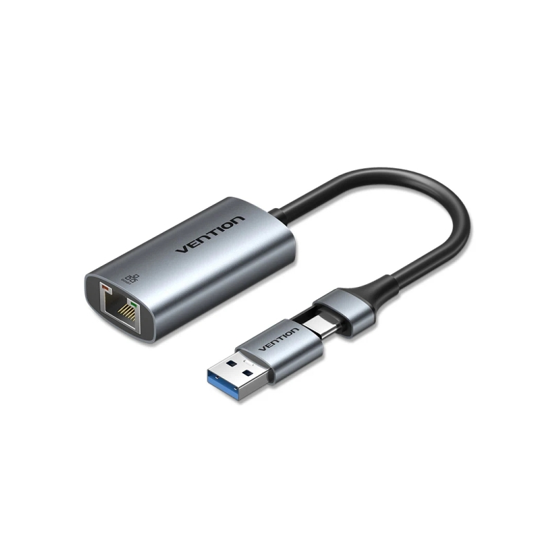 Convertisseur USB-C vers Ethernet Vention - Adaptateur USB-A - Câble de 15 cm - Vitesse jusqu'à 1 Gbit/s - Boîtier en aluminium