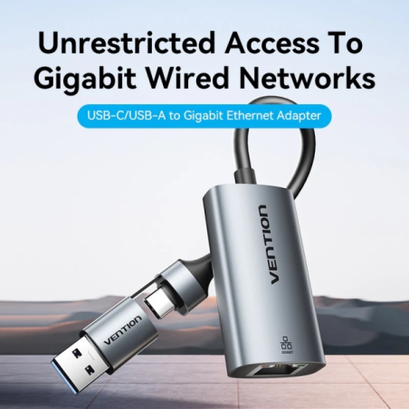 Convertisseur USB-C vers Ethernet Vention - Adaptateur USB-A - Câble de 15 cm - Vitesse jusqu'à 1 Gbit/s - Boîtier en aluminium