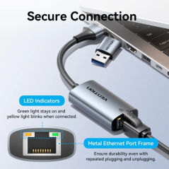 Convertisseur USB-C vers Ethernet Vention - Adaptateur USB-A - Câble de 15 cm - Vitesse jusqu'à 1 Gbit/s - Boîtier en aluminium