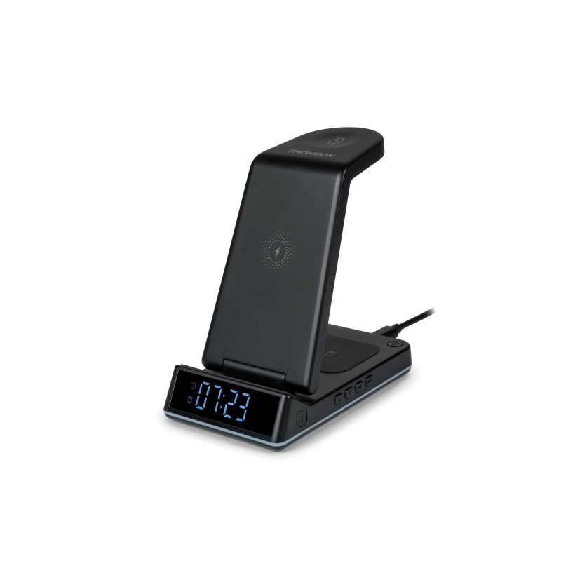 Thomson Réveil avec Station de Recharge sans Fil pour Smartphone, iWatch et Écouteurs - Écran LCD - Veilleuse - Couleur Noir