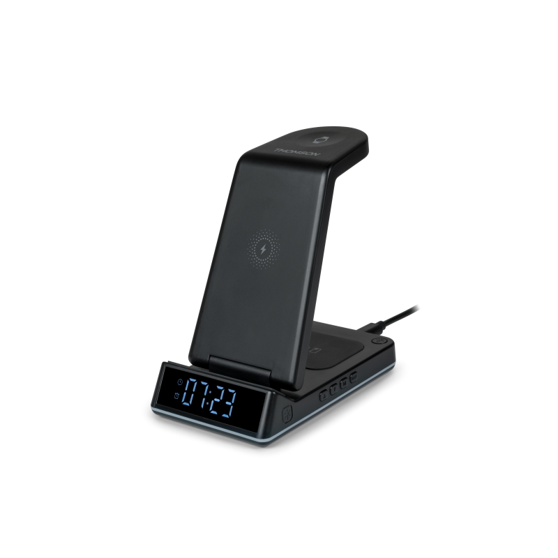 Station de charge à induction 4 en 1 Thomson CL750IS - Réveil et veilleuse - Compatible avec Android - Noir