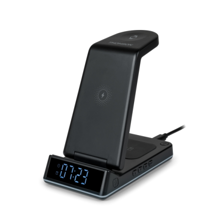 Station de charge à induction 4 en 1 Thomson CL750IS - Réveil et veilleuse - Compatible avec Android - Noir