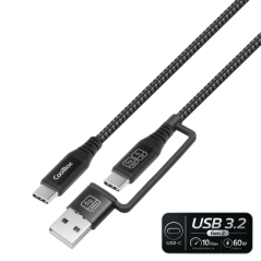 CoolBox Cable USB-C a USB-C 3.2 con Adaptador a USB-A - 60W - Longitud 1,8m - Color Negro