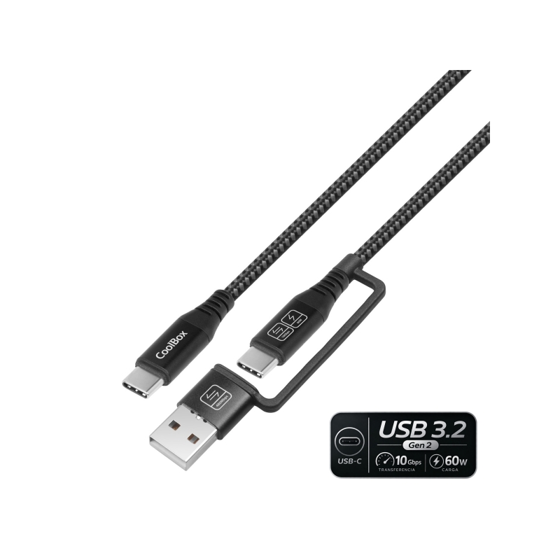 CoolBox Cable USB-C a USB-C 3.2 con Adaptador a USB-A - 60W - Longitud 1,8m - Color Negro