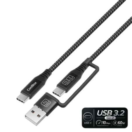 CoolBox Cable USB-C a USB-C 3.2 con Adaptador a USB-A - 60W - Longitud 1,8m - Color Negro