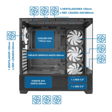 Boîtier tour ATX, Micro ATX, Mini-ITX Coolbox GA250 Vision - Verre trempé avant et latéral - Taille du disque dur 2,5", 3,5" - U
