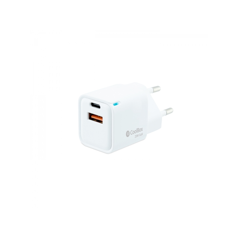 Coolbox GaN Chargeur Mural 20W USB-C/USB-A Charge Rapide - Compact - Double USB - Efficacité Énergétique - Couleur Blanc