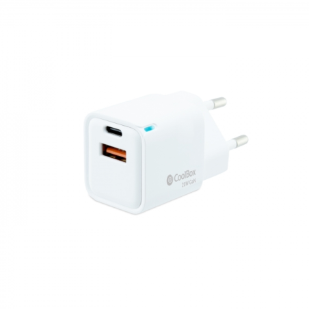 Coolbox GaN Chargeur Mural 20W USB-C/USB-A Charge Rapide - Compact - Double USB - Efficacité Énergétique - Couleur Blanc