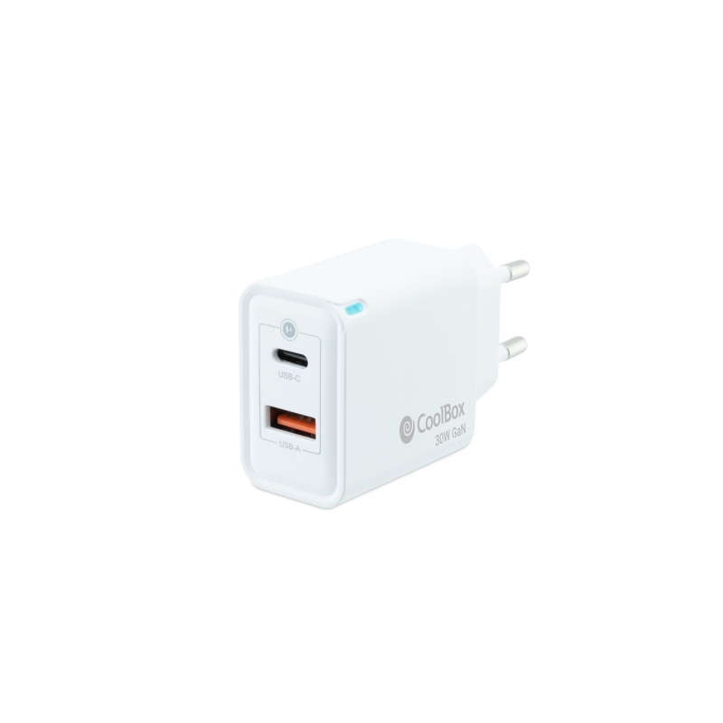 Coolbox GaN Chargeur Mural 30W USB-C/USB-A Charge Rapide - Compact - Double USB - Efficacité Énergétique. - Couleur blanche