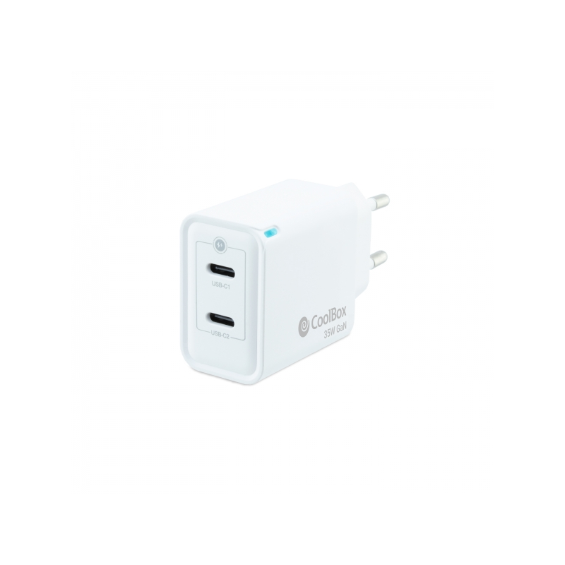 Coolbox Chargeur Mural GaN 35W USB-C/USB-C Charge Rapide - Compact - Technologie GaN - Double Port USB-C - Couleur Blanc