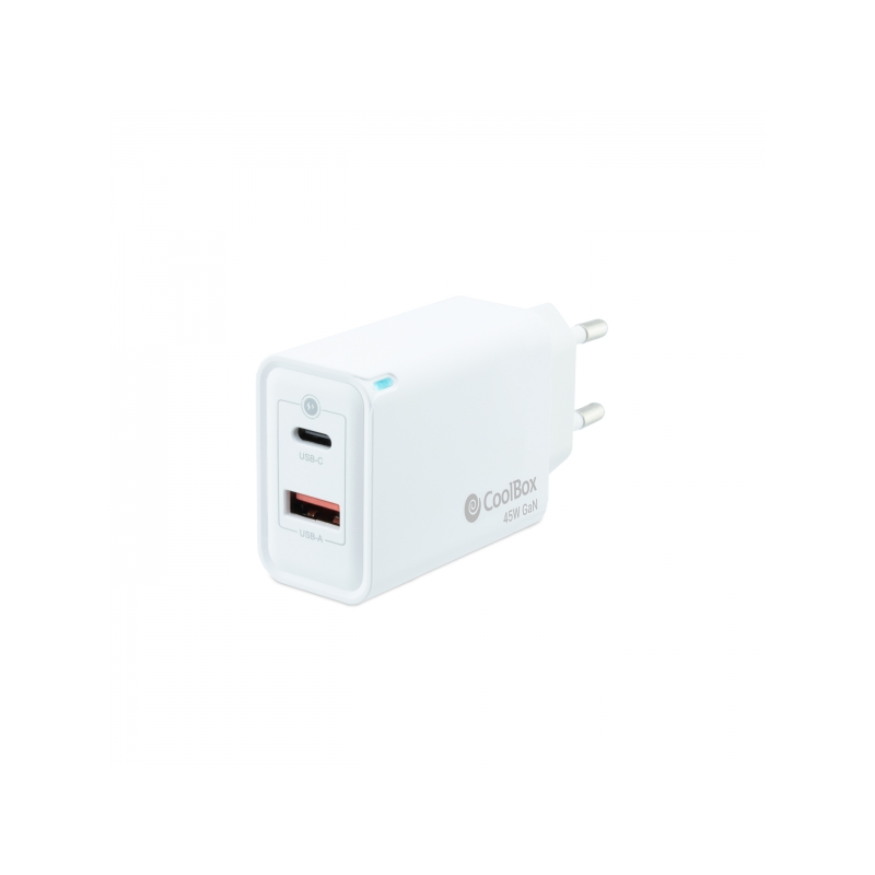 Coolbox GaN Chargeur Mural 45W USB-C/USB-A Charge Rapide - Compact - Compatible avec Plusieurs Appareils - Technologie GaN Avanc