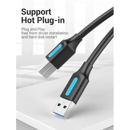 Câble d'imprimante Vention - Longueur : 1,5 m - USB-A vers USB-B 3.0 - Vitesse de transfert jusqu'à 5 Gbit/s - PVC - Finition ni