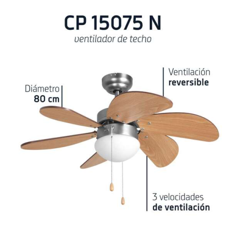 Orbegozo CP 15075 N Ventilateur de Plafond - avec Ventilateur de Plafond Intégré - Design Nickel et Bois - 3 Vitesses Réversible