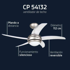 Ventilateur de Plafond Orbegozo CP 54132 - Silencieux et Efficace - 5 Pales Transparentes - 3 Vitesses - Télécommande - Système