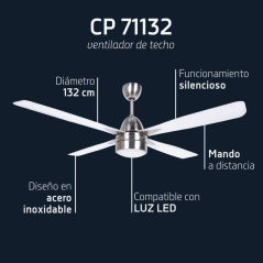 Orbegozo CP 71132 Ventilateur de Plafond Inox - Puissant et Décoratif - Système de Ventilation Réversible - 3 Vitesses - Télécom