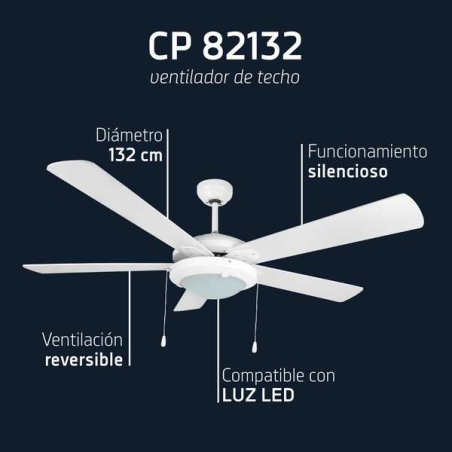 Orbegozo CP 82132 Ventilateur de Plafond Écologique - 5 Pales Réversibles - Ventilateur de Plafond avec 2 Ampoules - Système de