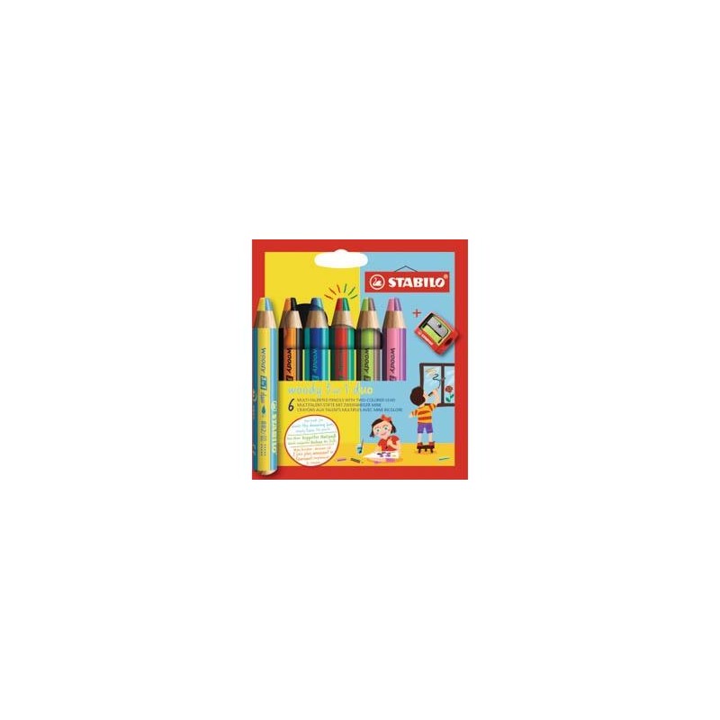 Stabilo Woddy Duo 3 en 1 Lot de 6 Crayons de Couleur + Taille-Taille - Mine 2 Couleurs XXL 10 mm - Crayon de Couleur, Cire