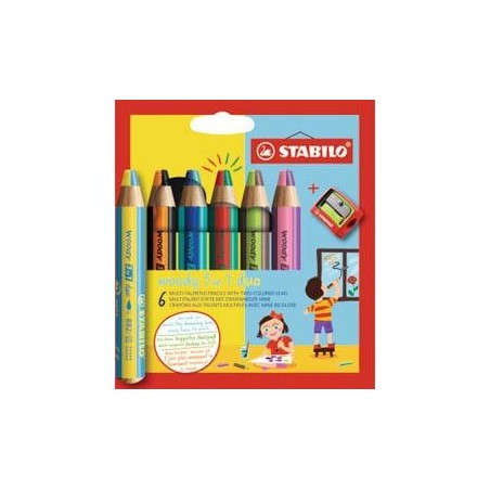 ✅ Stabilo Woddy Duo 3 en 1 Lot de 6 Crayons de Couleur + Taille-Taille - Mine 2 Couleurs XXL 10 mm - Crayon de C en stock